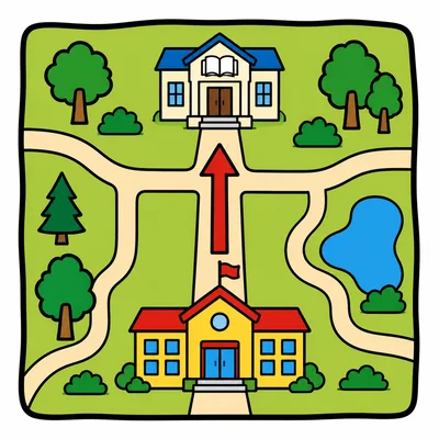 A map showing a path upward from a school to a library.