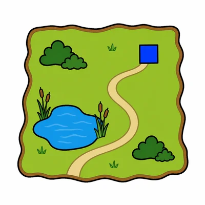A map with a blue square marking a pond.