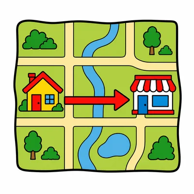 A map showing movement from a home to a store on the right.