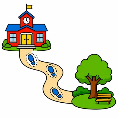 A school and park connected by three step marks on a map.