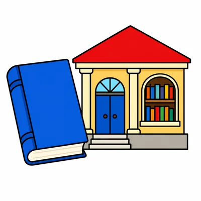 A book symbol shown with a library building.