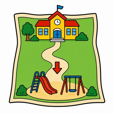 A map with a playground below a school.