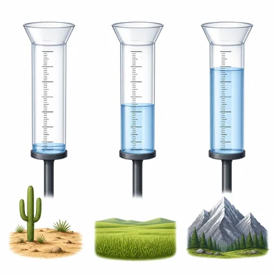 Three rain gauges show desert lowest, plains middle, and mountains highest rainfall.