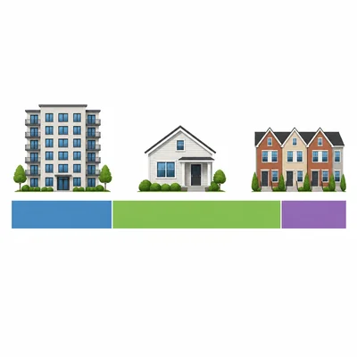 Three-part bar model showing apartments, houses, and townhouses as parts of a total.