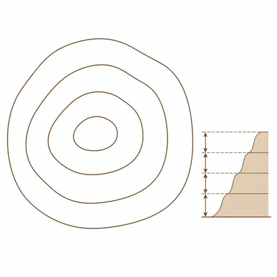 Nested contour lines with an equal-step elevation model showing contour interval.