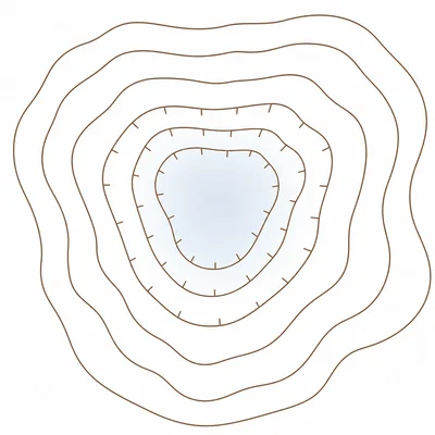 Closed contour lines with inward hachure marks indicating a depression.