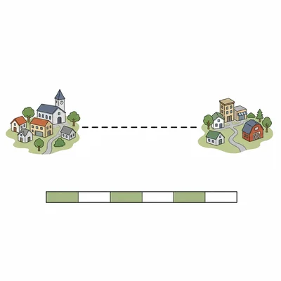 Two towns on a simple map connected by a measured distance line and scale bar.
