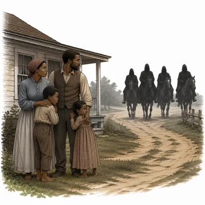Hooded riders intimidate a Black family during Reconstruction.