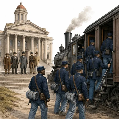 Federal troops leave the South by train, symbolizing the end of Reconstruction.