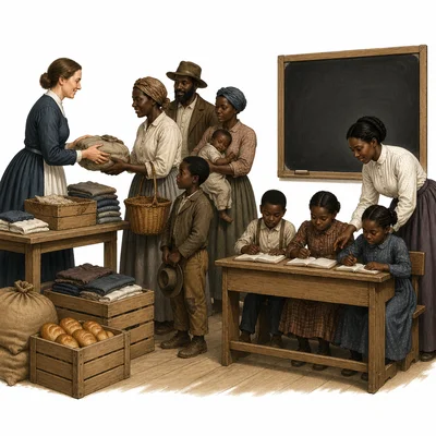 Freedmen’s Bureau workers help formerly enslaved families with supplies and education.
