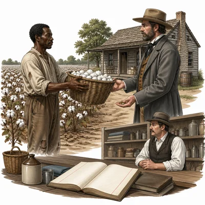 A sharecropper gives harvested cotton to a landowner and receives little payment.