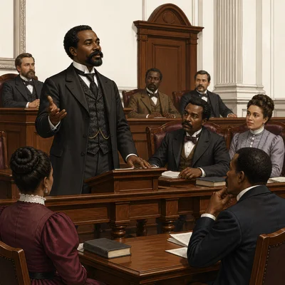 An African American lawmaker speaks in a government chamber during Reconstruction.