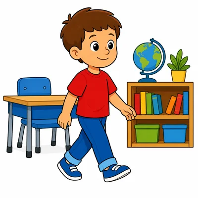 A child walking calmly in a classroom.