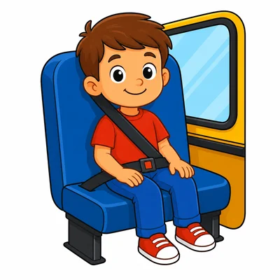 A child sitting safely in a school bus seat.