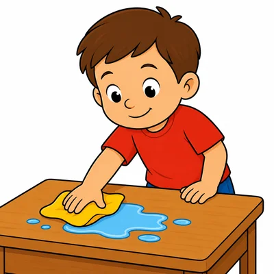 A child wiping up spilled water on a desk.