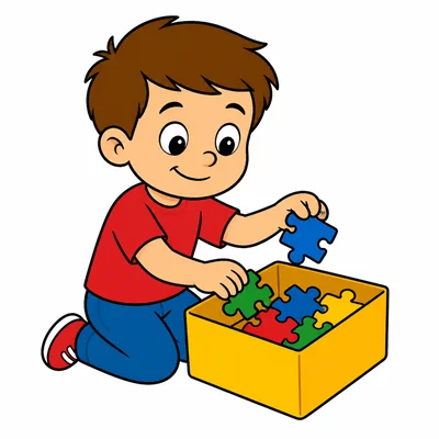 A child putting puzzle pieces away in a box.