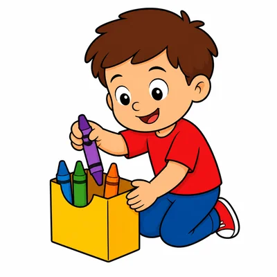 A child putting crayons into a box.