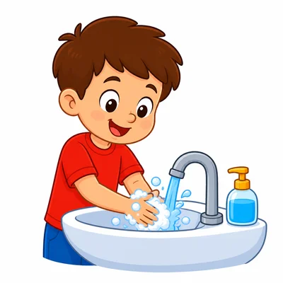 A child washing hands with soap at a sink.