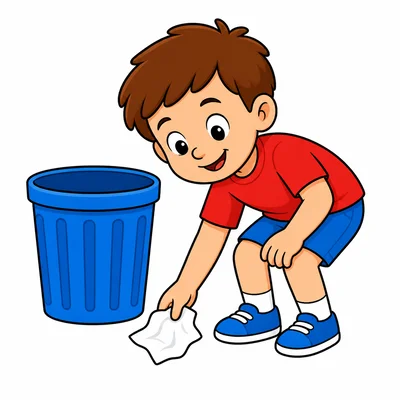 A child picking up paper near a trash can.