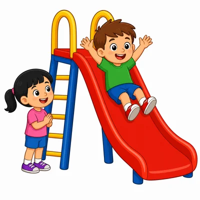 Children taking turns at a playground slide.
