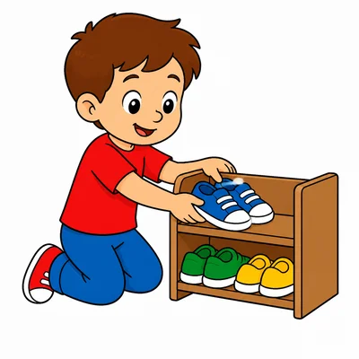 A child putting shoes away neatly.