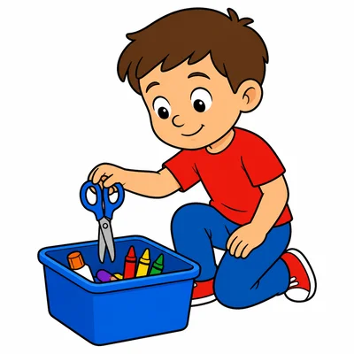A child returning scissors to a supply bin.