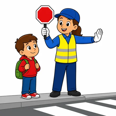 A crossing guard helping a child wait by the street.