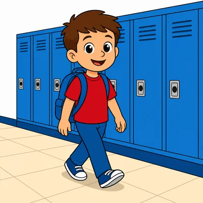 A child walking safely in a school hallway.