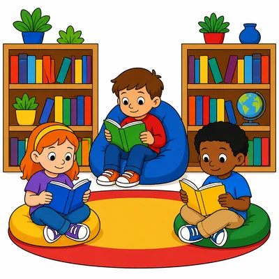 Children reading quietly in a library.