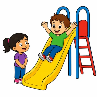 Children taking turns on a playground slide.