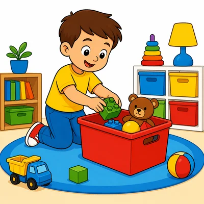 A child putting toys away in a toy box.