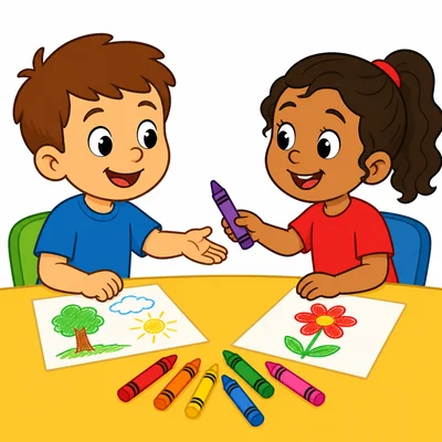 Two children politely sharing a crayon.