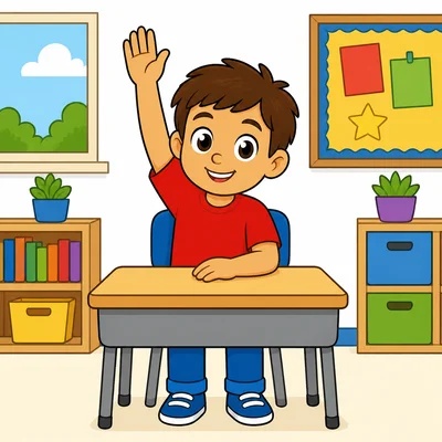 A student raising a hand in class.