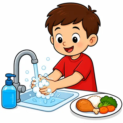 A child washing hands before eating.