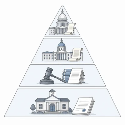 Four-level hierarchy pyramid representing national, state, and local legal authority.