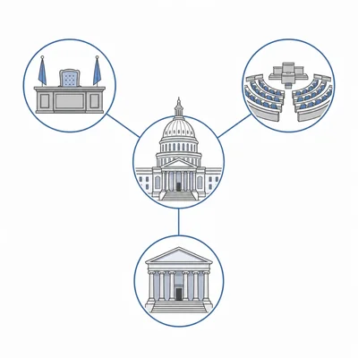 Diagram showing three equal branches of state government connected to a central state capitol symbol.