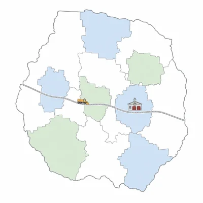 Map diagram showing municipalities inside a county with service icons.