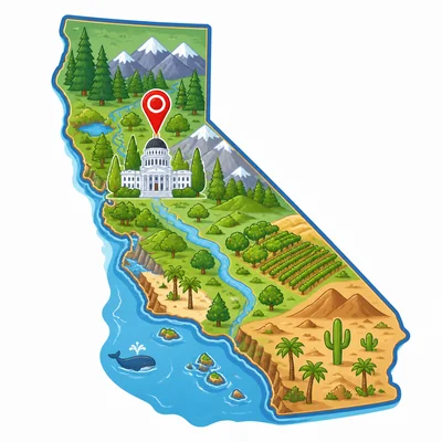 California outline with a capitol marker in the north-central area.