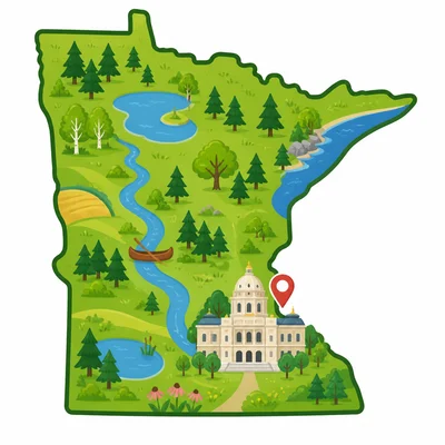 Minnesota outline with a capitol marker in the southeastern area.