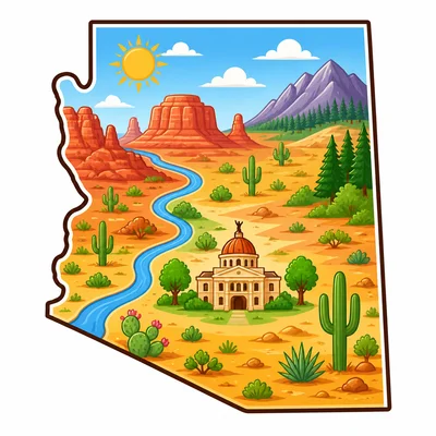 Arizona outline with a capitol marker in the south-central area.