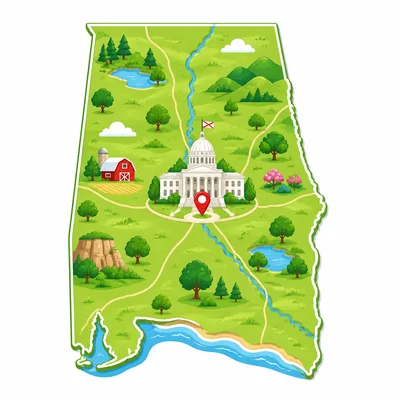 Alabama outline with a capitol marker in central Alabama.