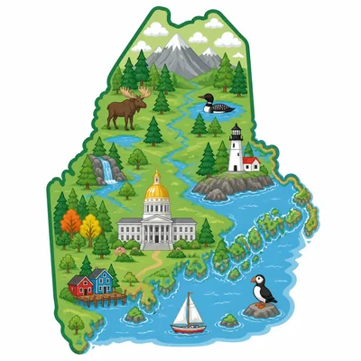 Maine outline with a capitol marker in the south-central area.