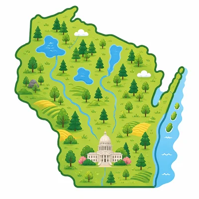 Wisconsin outline with a capitol marker in the south-central area.