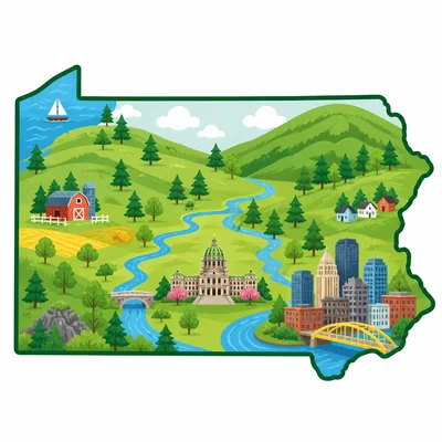 Pennsylvania outline showing the correct capital location in the south-central area and a larger city in the southeast.
