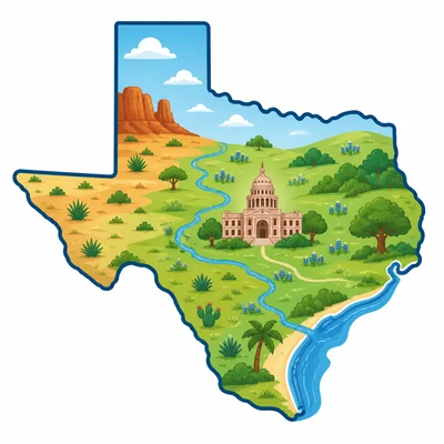 Texas outline with a capitol marker in central Texas.