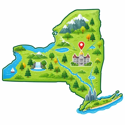 New York state outline with a capitol marker in the east-central area.