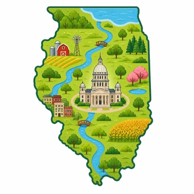 Illinois outline with a capitol marker in central Illinois.