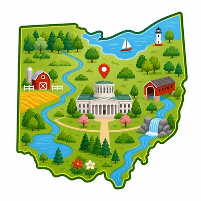 Ohio outline with a capitol marker in the center.
