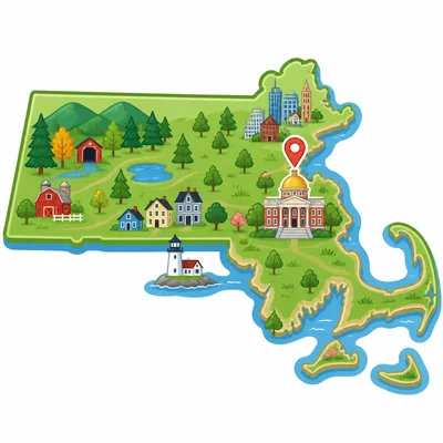 Massachusetts outline with a capitol marker in the eastern area.