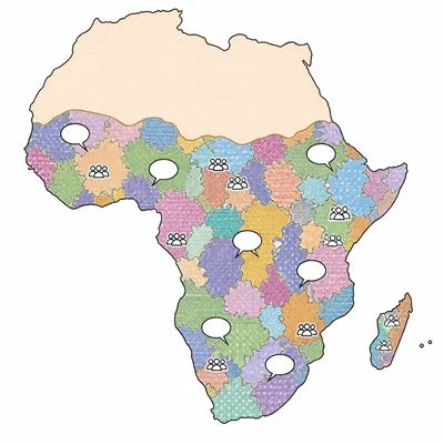 Outline map of Africa showing many varied colored regions across Sub-Saharan Africa to represent cultural and linguistic diversity.